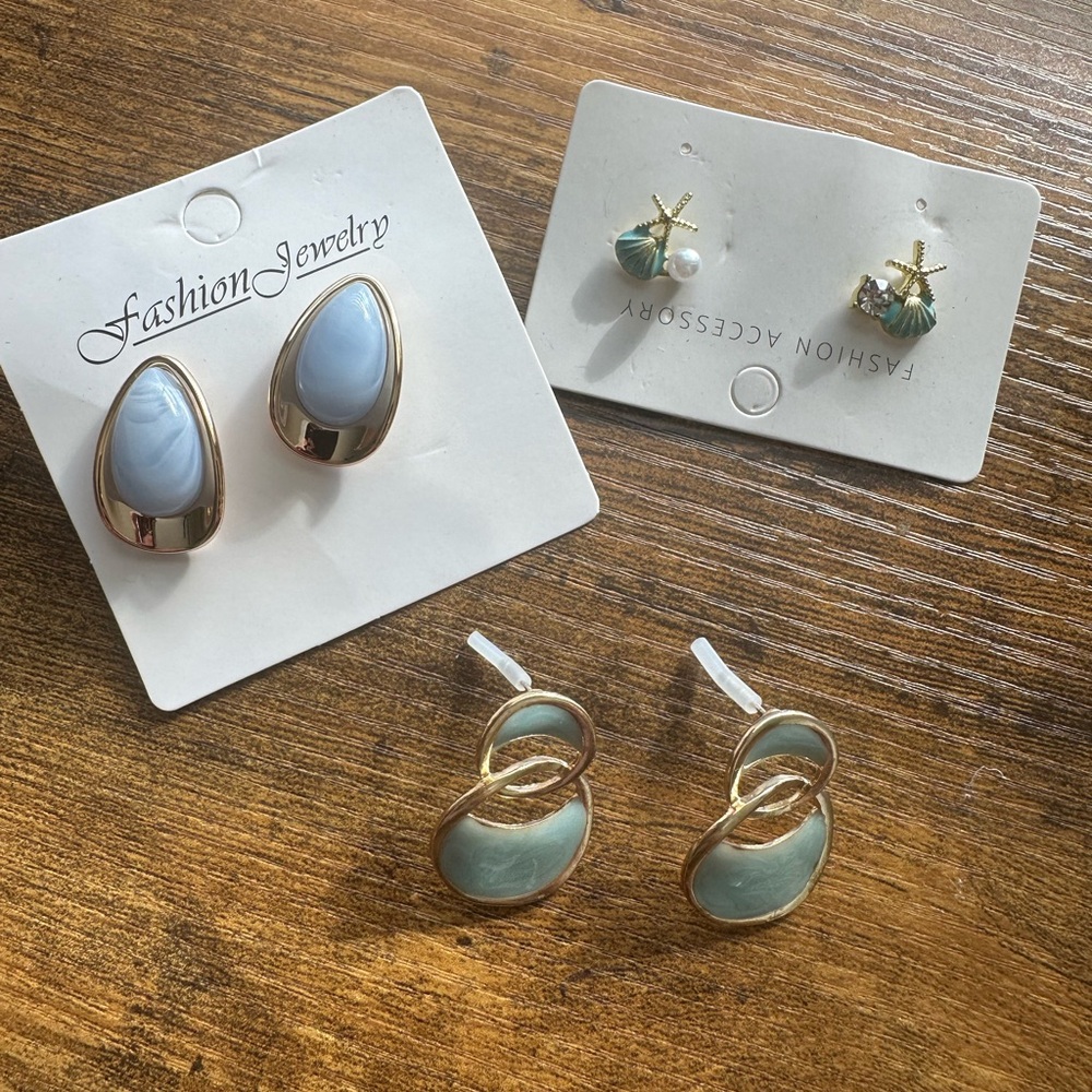 Fashion Jewelry Gold and Light Blue Earring Trio